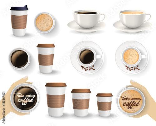 Set of to go and takeaway paper coffee cups in different sizes and coffee cups on saucers. Objects isolated on the white background.