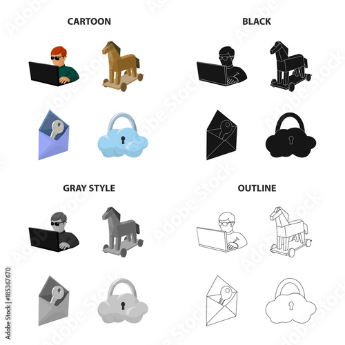 Hacker and computer, Trojan horse, envelope and key, cloud under lock. Hacker and hacking set collection icons in cartoon black monochrome outline style vector symbol stock illustration web.