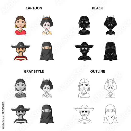 Different race of Indian, Japanese, Mexican, Asian. The human race set collection icons in cartoon black monochrome outline style vector symbol stock illustration web. photo