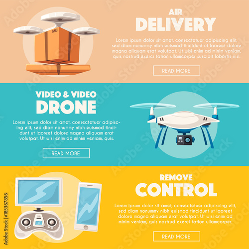 Drone for delivery and entertainments. Modern technologies. Cartoon vector illustration