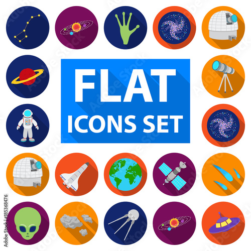 Space technology flat icons in set collection for design.Spacecraft and equipment vector symbol stock web illustration.
