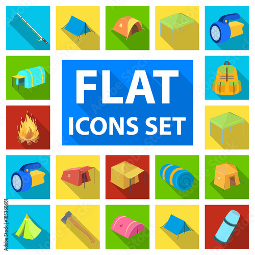 Different kinds of tents flat icons in set collection for design. Temporary shelter and housing vector symbol stock web illustration.