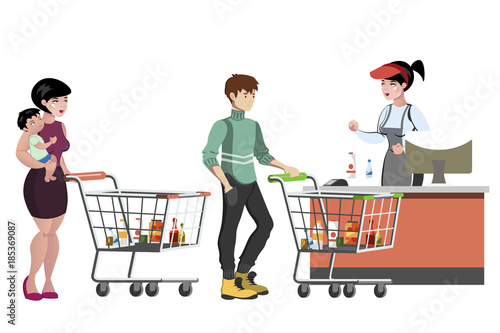 Woman cashier and people with purchases.