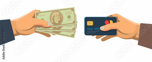 Hands holding credit card and money bills.