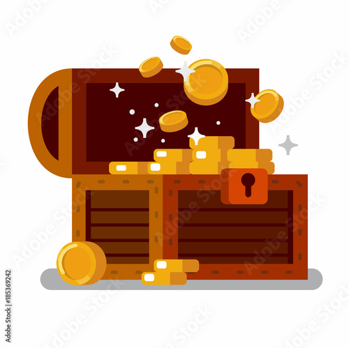 Wooden treasure chest full of golden coins.