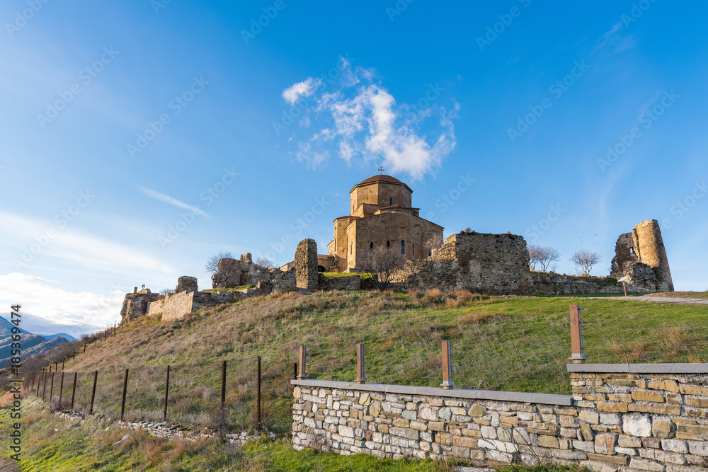 Jvari Monastery stands on the rocky mountaintop at the confluence of the Mtkvari and Aragvi rivers, overlooking the town of Mtskheta, which was formerly the capital of Georgia.