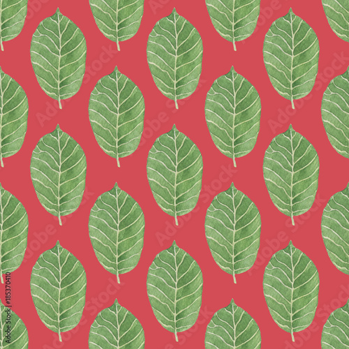 Seamless Green Leaves Pattern on Dark Red Background. Watercolor Baby Girl collection. 