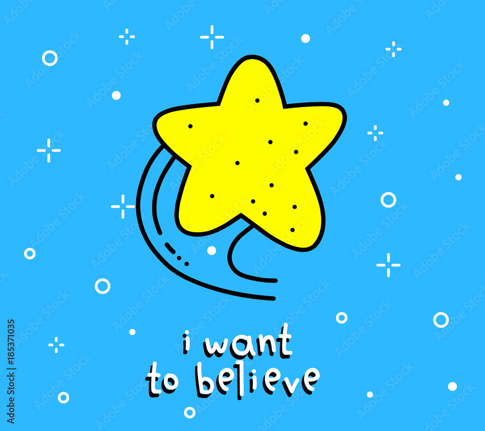 Cartoon object on blue sky background with text. Vector color illustration of big yellow star.