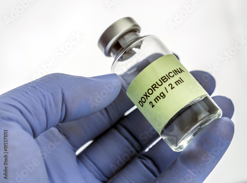 Doctor subject vial with doxorubicin, medication used for disease of leukemia linfatica acute, image conceptual photo