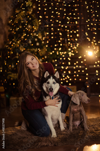Pretty girl in the new year with dog Husky/Christmas