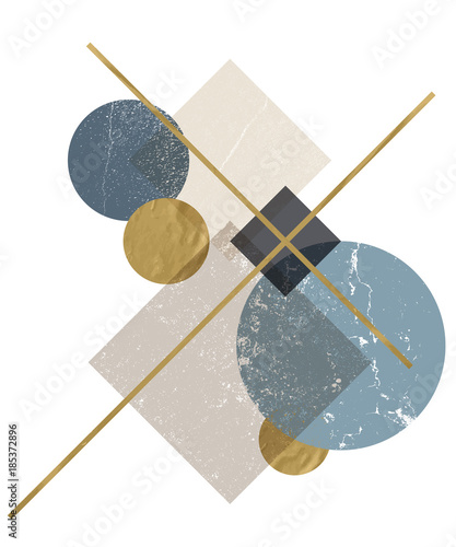 Abstract composition of decorative geometric forms with grunge texture and golden trendy textures. Beautiful background for any type of design.