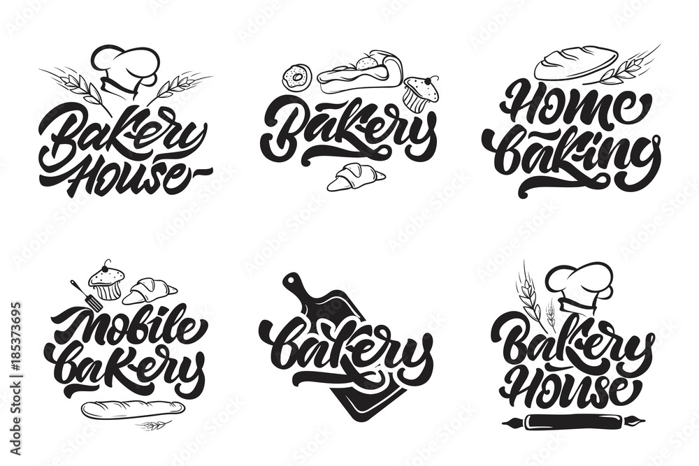 Bakery logotypes. Bakery house, home baking, mobile bakery logos in lettering style. Vector