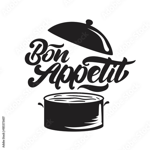 Bon appetit lettering with pan illustration. Vector illustration  