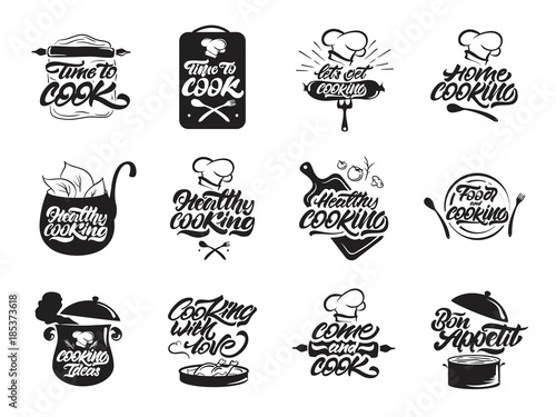 Cooking logos set. Healthy cooking. Bon appetit. Cooking idea.  Cook, chef, kitchen utensils icon or logo. Handwritten lettering vector illustration