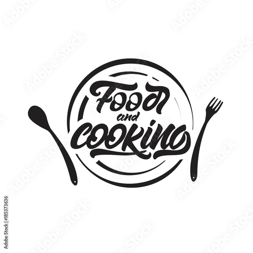 Food and cooking lettering on plate . Vector illustration.