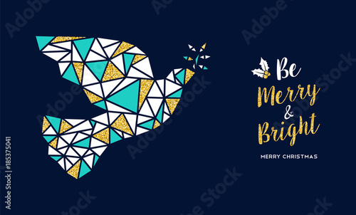 Merry Christmas gold glitter dove greeting card