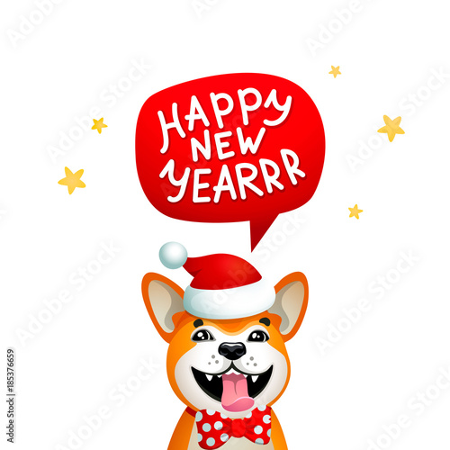 Cute dog with Happy new year inscription. Smiling yellow dog with santa claus red hat on a blue Christmas background. Akita inu. Winter Season Greetings concept. Symbol of the year 2018. © mspoint