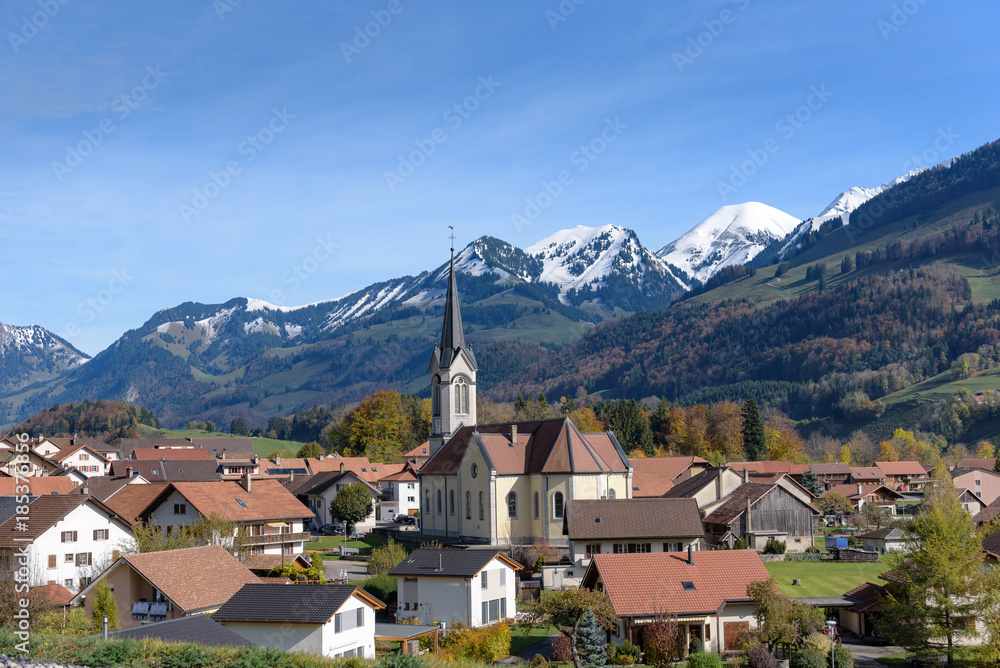 Beatiful view of Switzerland during autumn with Swiss apls in the background