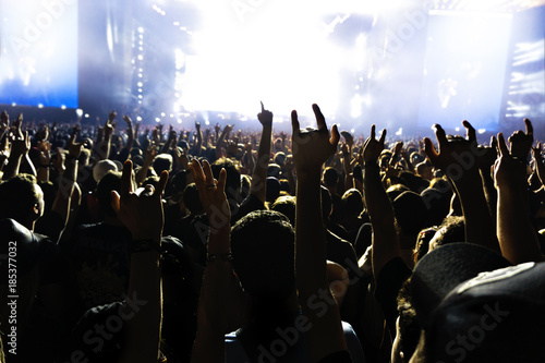 silhouettes of concert crowd in front of bright stage lights.