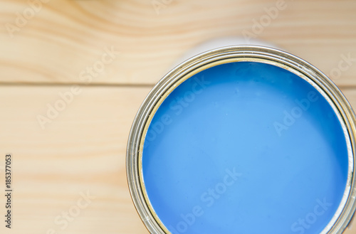 A tin can of blue paint photo