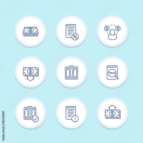 Bookkeeping icons in linear style, accounting, tax, payroll, outlay, costs