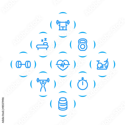 Fitness line icons set, gym, workout, training, active lifestyle, blue pictograms with thick outline over white, vector illustration