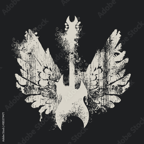Vector illustration with an electric guitar and wings with splashes and curls on black background in grunge style