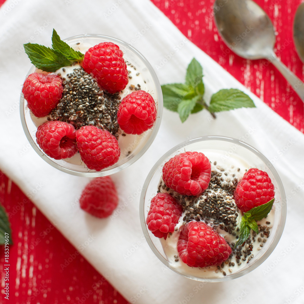 Yogurt with chia seeds, walnuts and raspberries Yogurt with chia seeds, walnuts and raspberries