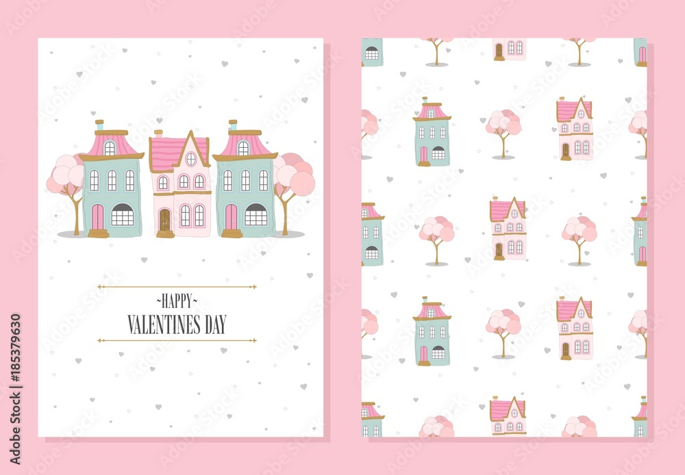 Set of romantic greeting cards on Valentine's Day. Elements and text. Vector illustration.