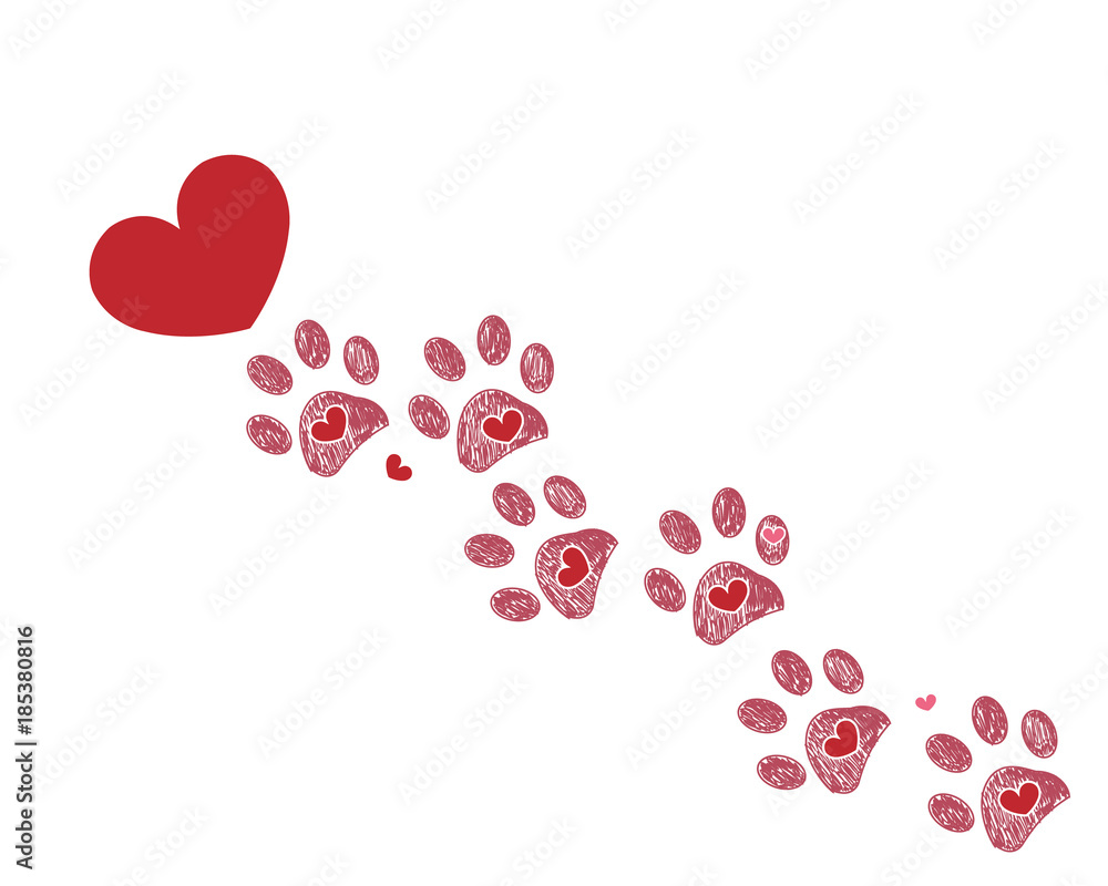 Dog paw print with hearts. Valentine's day greeting card with hearts and paw print