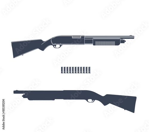 Shotgun, hunting rifle and silhouette isolated over white, vector illustration