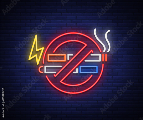 No smoking no vape neon sign. Bright symbol, neon banner, icon, illuminated sign of smoking and vaping in an unauthorized place. Stop electronic cigarettes. Stop smoking. Vector illustration