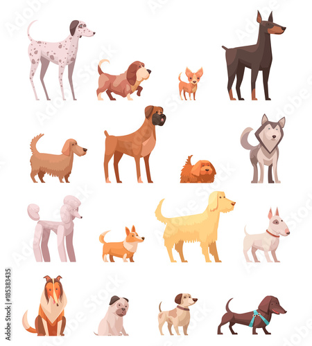 Dog Breeds Retro Cartoon Icons Collection 