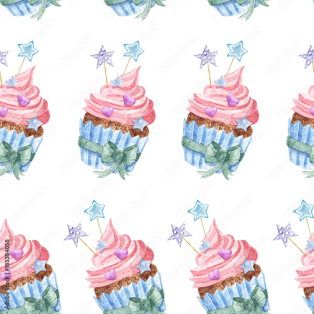 Watercolor pattern of cupcake with toppers Watercolor pattern of cupcake with toppers