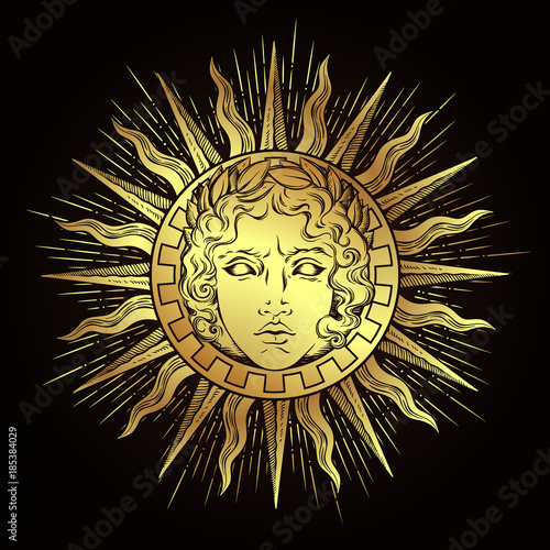 Hand drawn antique style sun with face of the greek and roman god Apollo. Flash tattoo or print design vector illustration