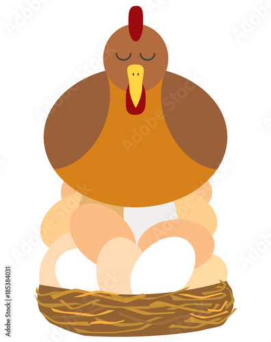 Flat vector mother hen is nesting on a large multi-colored pile of eggs