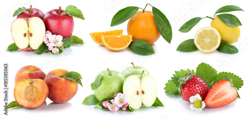 Fr  chte Apfel Orange   pfel Orangen Erdbeere frische Frucht Collage Freisteller freigestellt isoliert
