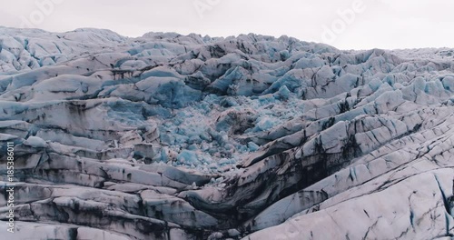 Flying up Flaajokull glacial tongue, Vatnajokull glacier national park, Iceland