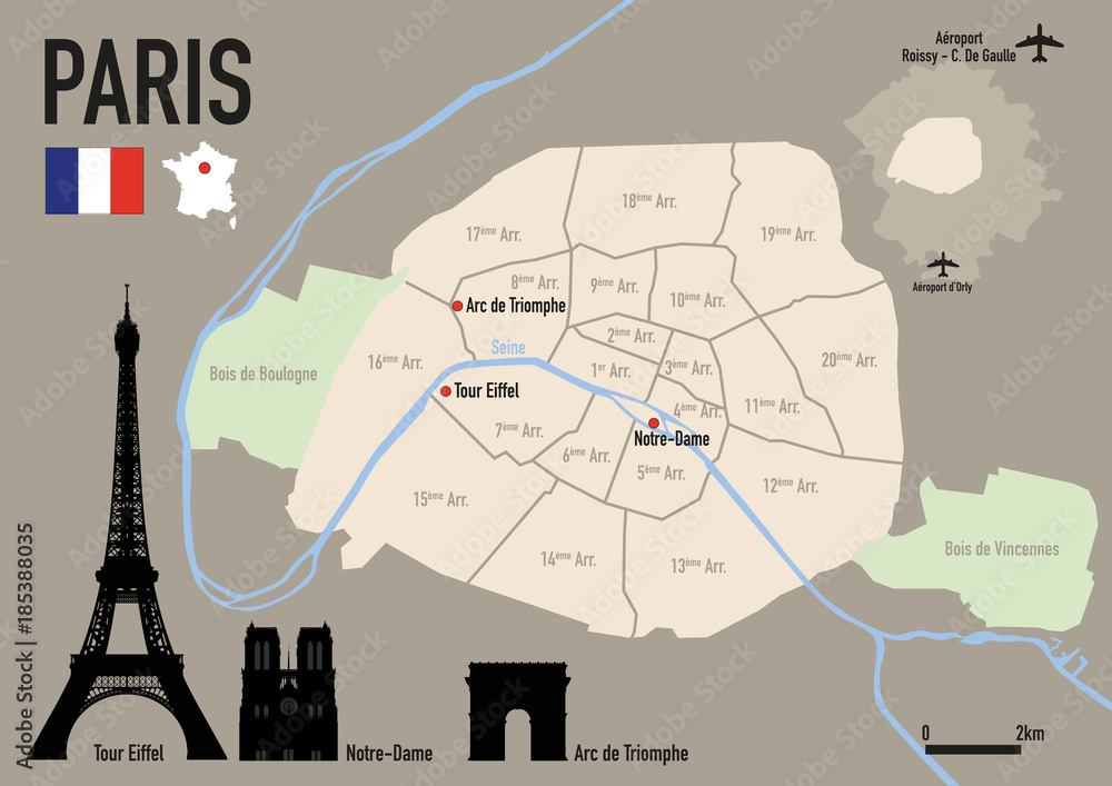 Paris - plan de Paris - Carte - ville - arrondissement - France - Tour  Eiffel Stock Vector | Adobe Stock
