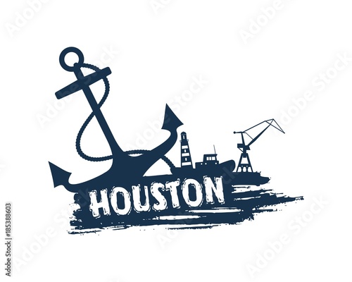 Anchor, lighthouse, ship and crane icons on brush stroke. Calligraphy inscription. Houston cargo port name.