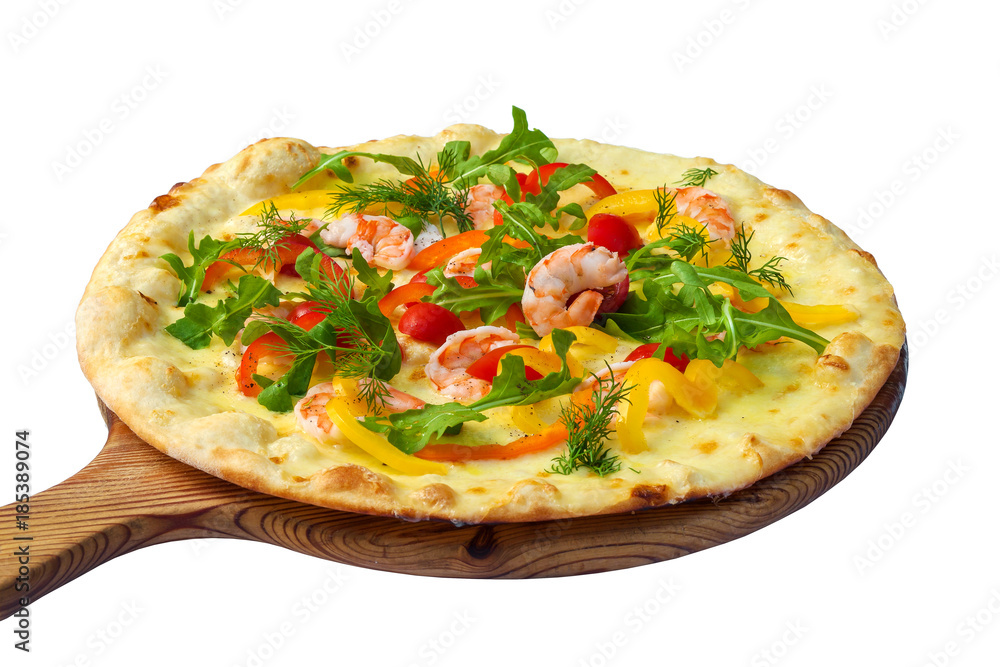 Pizza with shrimp and bell peppers isolated on white background Pizza with shrimp and bell peppers isolated on white background