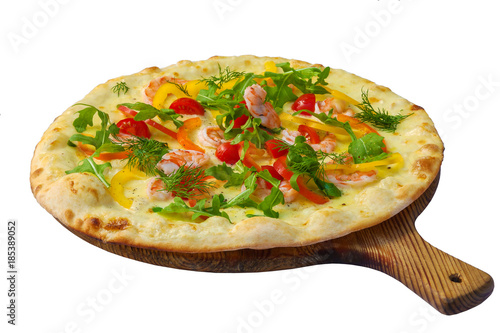 Pizza with shrimp and bell peppers isolated on white background
