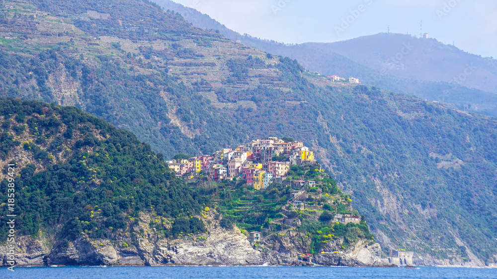 View from the sea of Corniglia, Cinque Terre, Italy
