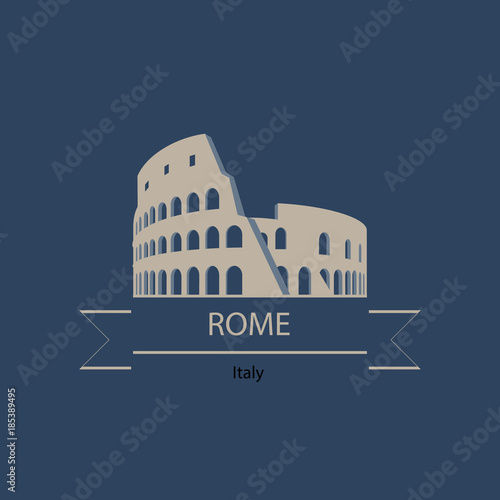 Travel banner or logo of Rome and Italy landmark with the Coliseum silhouette