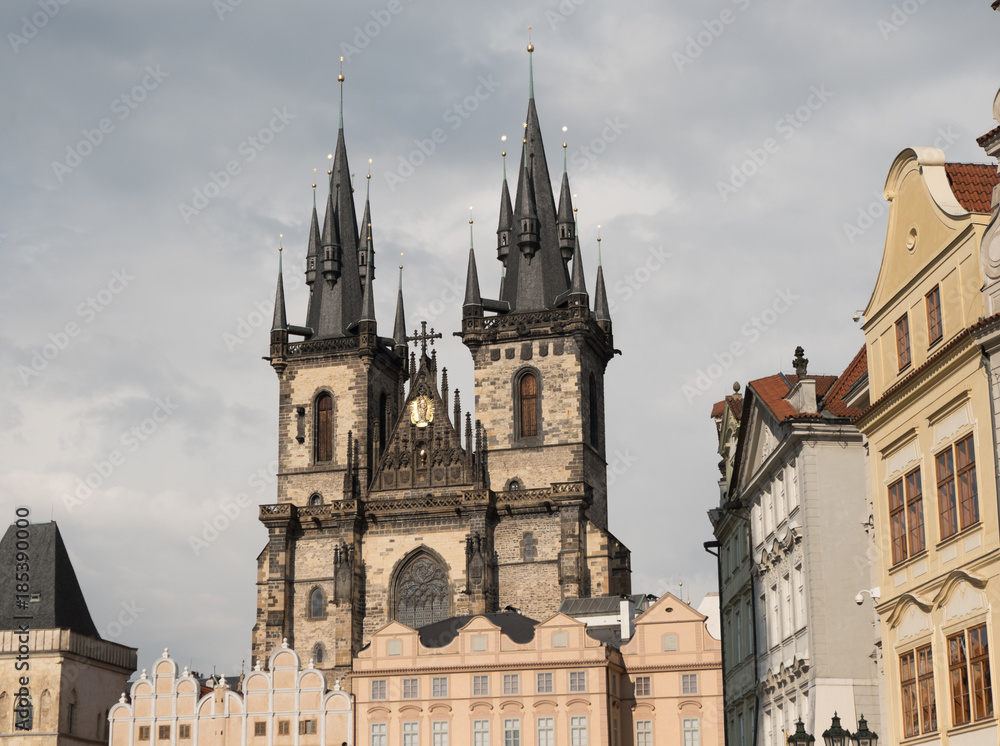View of Church of Our Lady Before Tyn (Chrám Matky Boží před Týnem)  from Old Town Square, Prague Czech Republic. Iconic black pointed towers of the medieval Church of Our Lady Before Tyn in Prague.