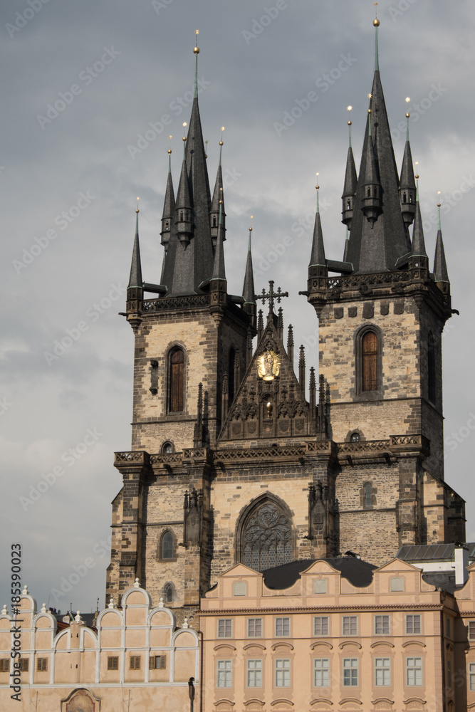 View of Church of Our Lady Before Tyn (Chrám Matky Boží před Týnem)  from Old Town Square, Prague Czech Republic. Iconic black pointed towers of the Church of Our Lady Before Tyn in Prague.