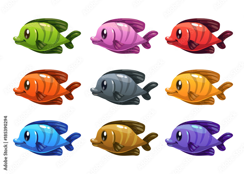 Fototapeta premium Funny cartoon colorful fishes set.