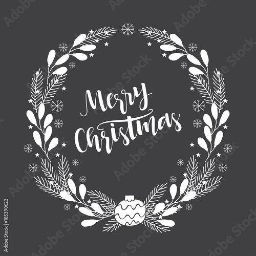 Hand drawn winter holiday wreath with greeting handwriting lettering Merry Christmas inside.