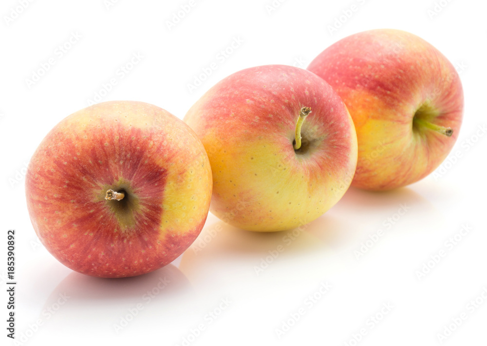 Three apples (Evelina variety) isolated on white background red yellow whole. Three apples (Evelina variety) isolated on white background red yellow whole.