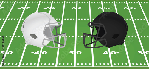 American football helmets in front of field. vector illustration